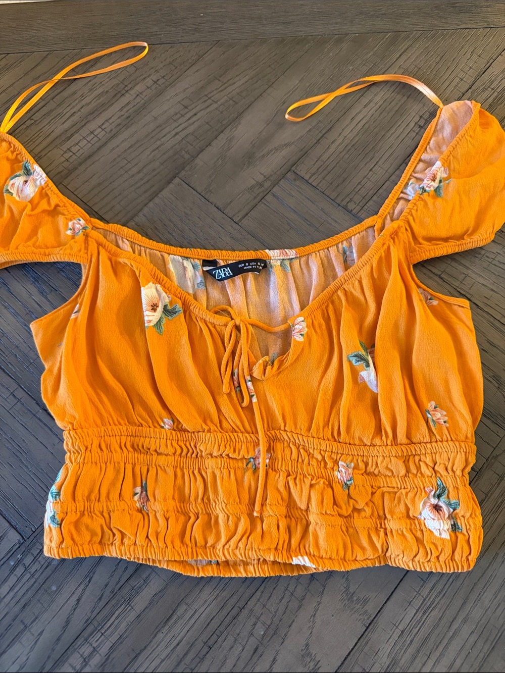 Zara Bright Orange Floral Smocked Crop Top